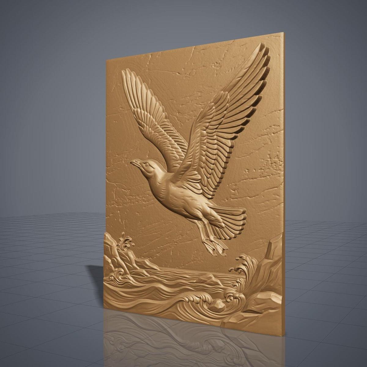 3D bas-relief of a seagull in flight, wings fully spread, soaring above cresting ocean waves and a rocky shoreline. Fine feather detailing and natural stone-like texture cover the rectangular panel background, with carved wave crests and splashing surf along the base. Designed for CNC relief carving, wood routing, resin casting, and 3D printing as coastal wall decor.