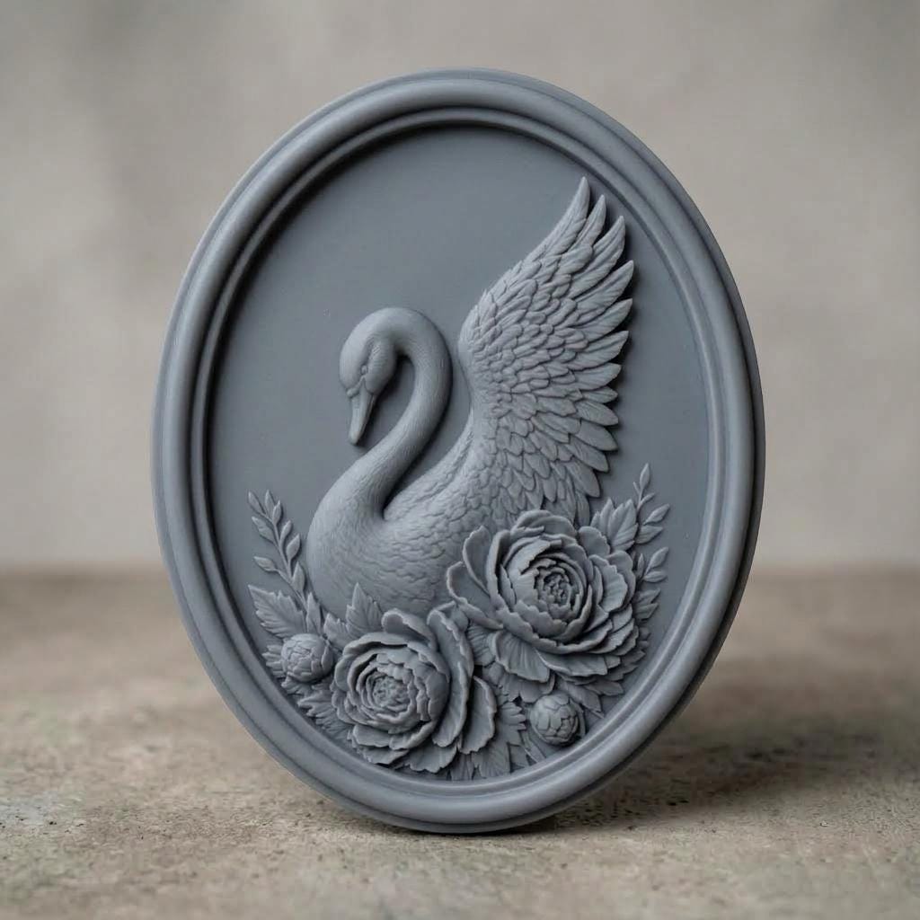 Detailed 3D bas-relief of a swan in profile with its head bowed and one wing raised and spread wide, its body encircled by large blooming peonies, buds and layered foliage. Fine feather and petal texture carved in rich walnut wood with deep shadows, set inside an oval raised molded border. Designed for CNC relief carving, wood routing, and 3D printing as swan wall decor.