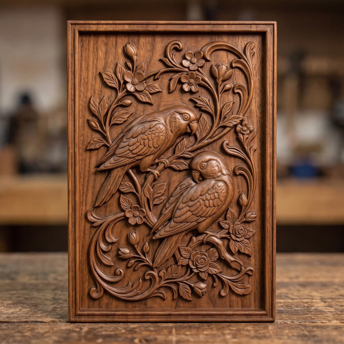 3D bas-relief of two parrots perched on a flowering branch, one above the other with heads turned and long tails sweeping down. Roses, blossoms, buds and acanthus scrollwork fill the panel around them. Set within a rectangular raised molded frame with fine feather and petal detail. Designed for CNC relief carving, wood routing, resin casting, and 3D printing as botanical wall decor.