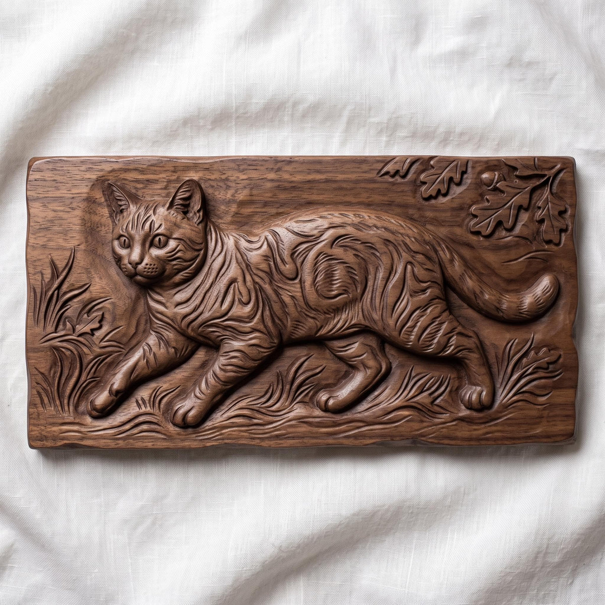 A tabby cat prowling through tall grass, carved in deep 3D bas-relief with fine fur striping, whisker detail, and expressive eyes. An oak leaf and acorn branch drapes across the upper corner, framed within a rectangular wood-textured panel with a naturally beveled edge. Designed for CNC relief carving, wood routing, and 3D printing as rustic wall decor.