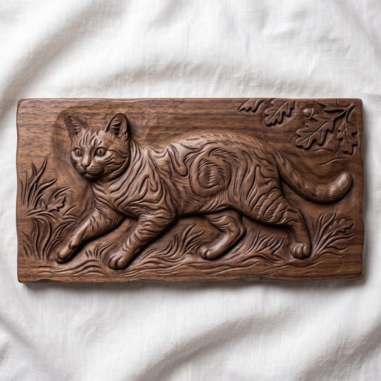 A tabby cat prowling through tall grass, carved in deep 3D bas-relief with fine fur striping, whisker detail, and expressive eyes. An oak leaf and acorn branch drapes across the upper corner, framed within a rectangular wood-textured panel with a naturally beveled edge. Designed for CNC relief carving, wood routing, and 3D printing as rustic wall decor.