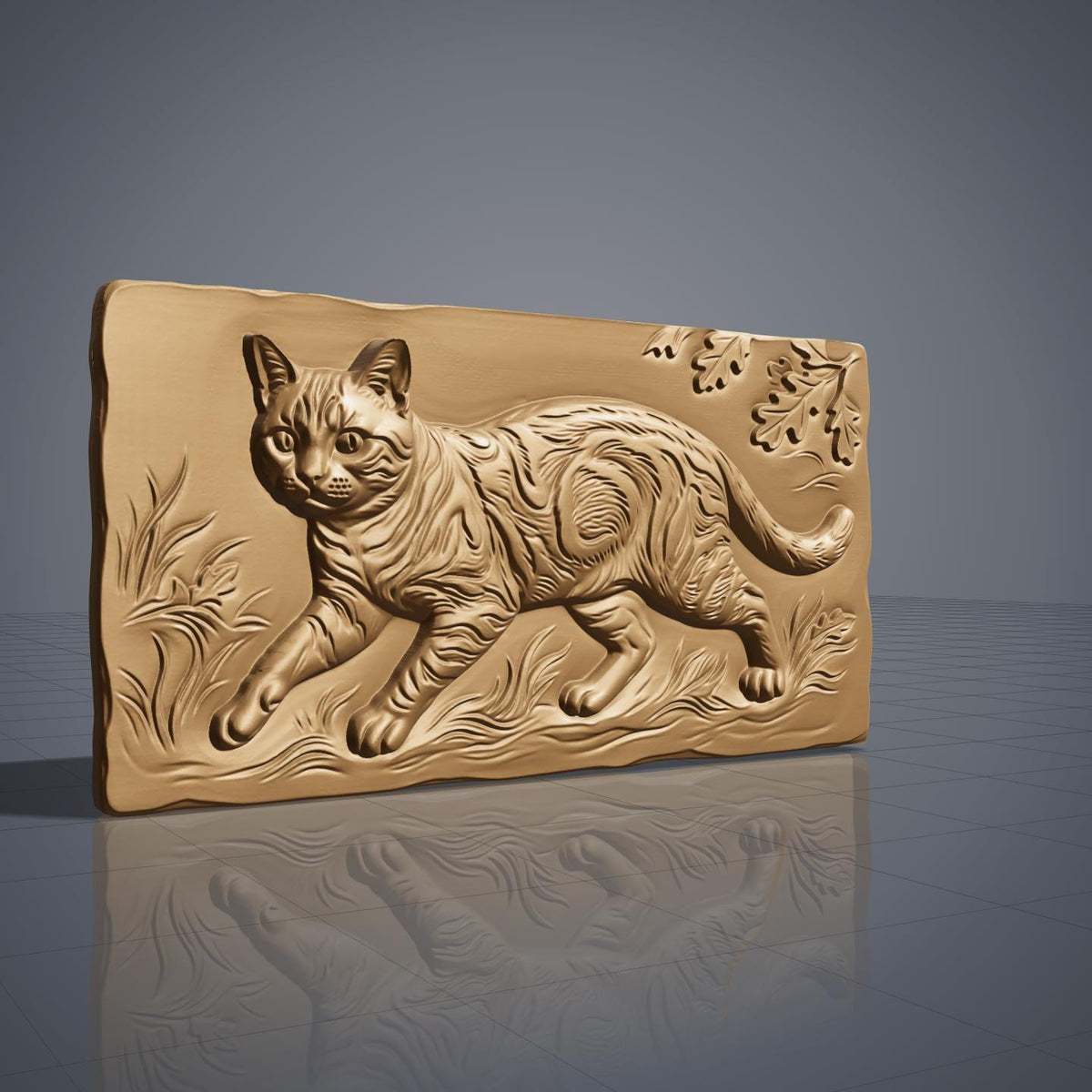 A tabby cat prowling through tall grass, carved in deep 3D bas-relief with fine fur striping, whisker detail, and expressive eyes. An oak leaf and acorn branch drapes across the upper corner, framed within a rectangular wood-textured panel with a naturally beveled edge. Designed for CNC relief carving, wood routing, and 3D printing as rustic wall decor.
