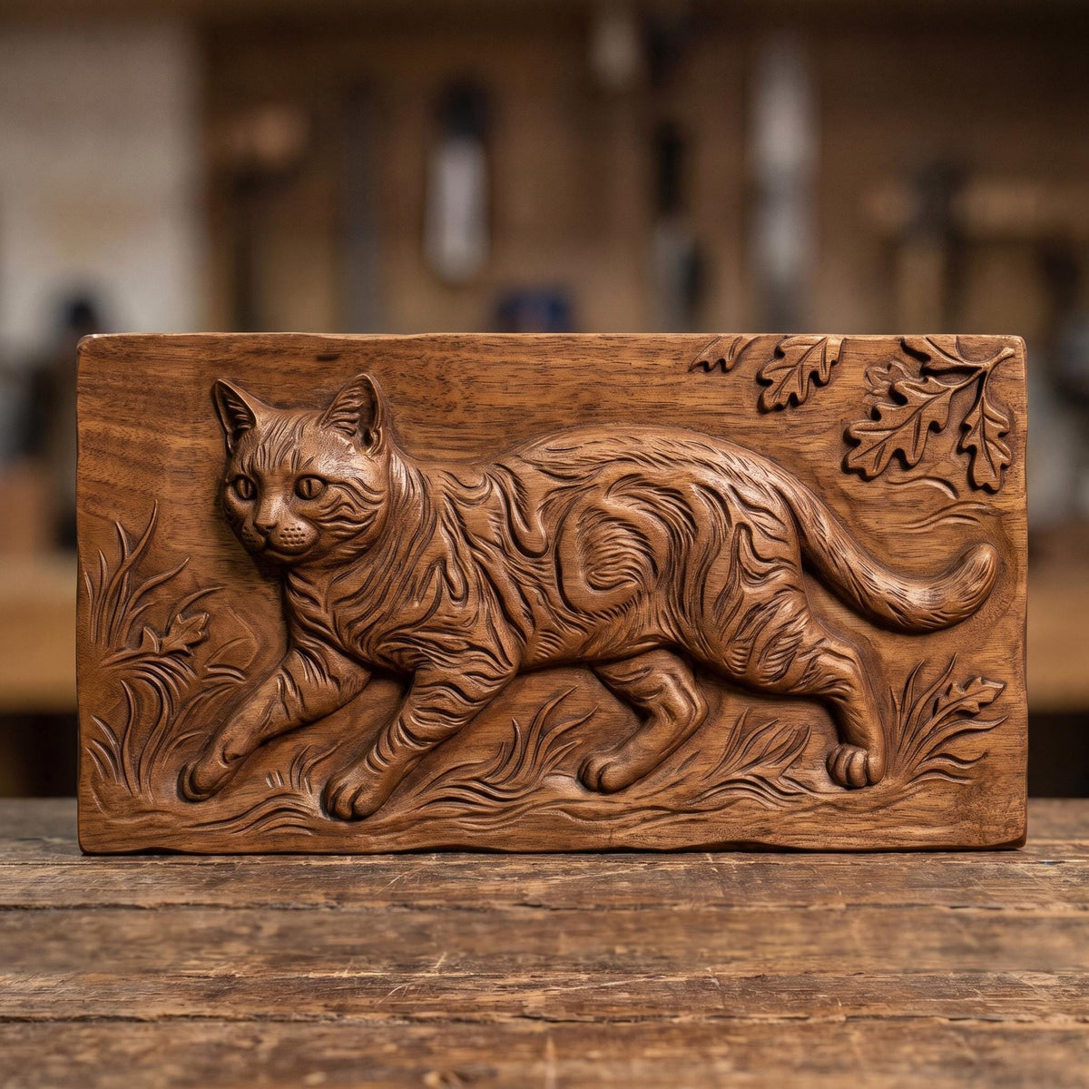 A tabby cat prowling through tall grass, carved in deep 3D bas-relief with fine fur striping, whisker detail, and expressive eyes. An oak leaf and acorn branch drapes across the upper corner, framed within a rectangular wood-textured panel with a naturally beveled edge. Designed for CNC relief carving, wood routing, and 3D printing as rustic wall decor.