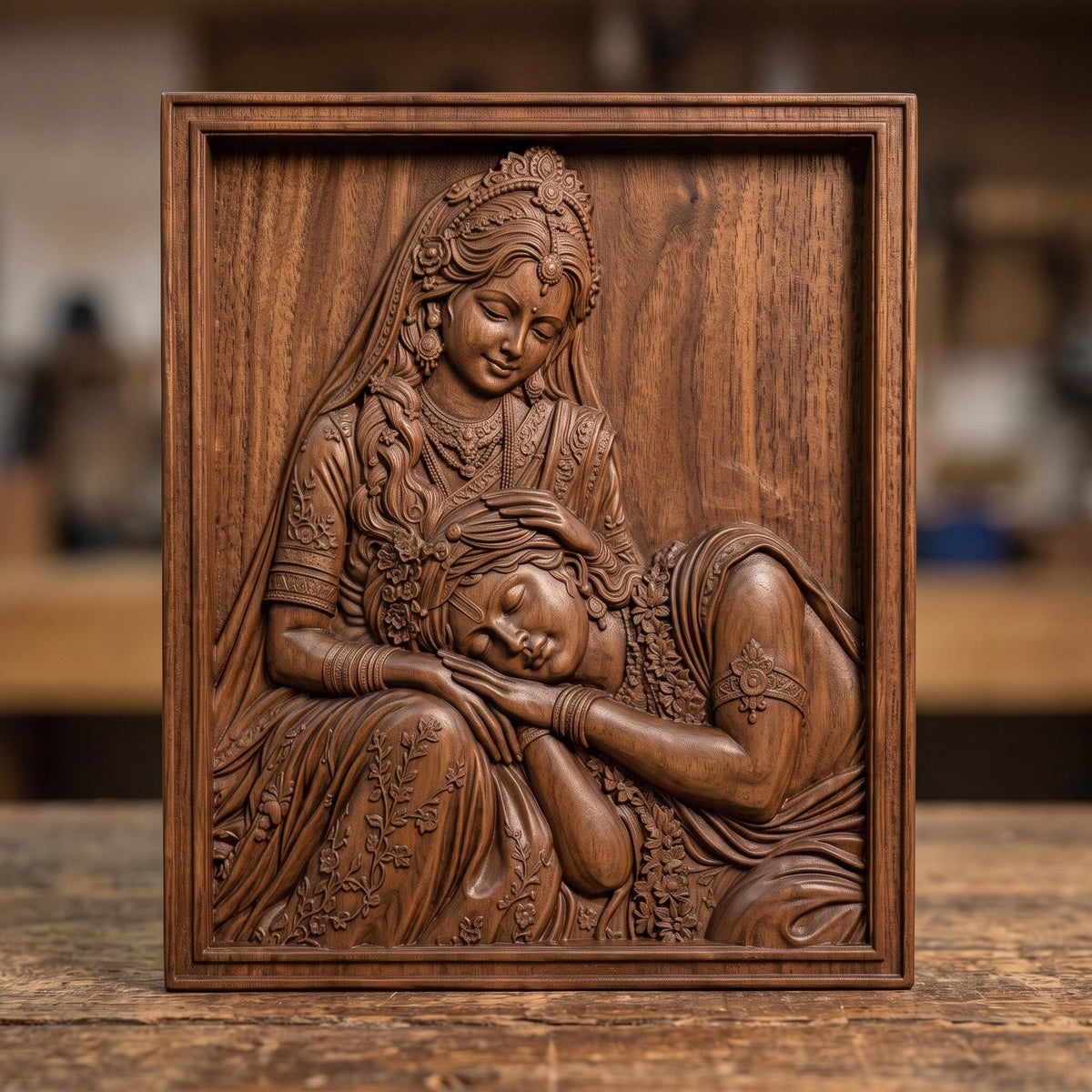 Radha Krishna bas-relief sculpture showing Radha seated, gently cradling Krishna's sleeping head in her hands. Both figures wear ornate carved jewelry, tiaras, bangles, and floral garlands, with a peacock feather motif in Krishna's headdress. Rich wood grain texture and fine raised detail fill the piece, framed by a rectangular carved border. Designed for CNC relief carving, wood routing, resin casting, and 3D printing as devotional wall decor.
