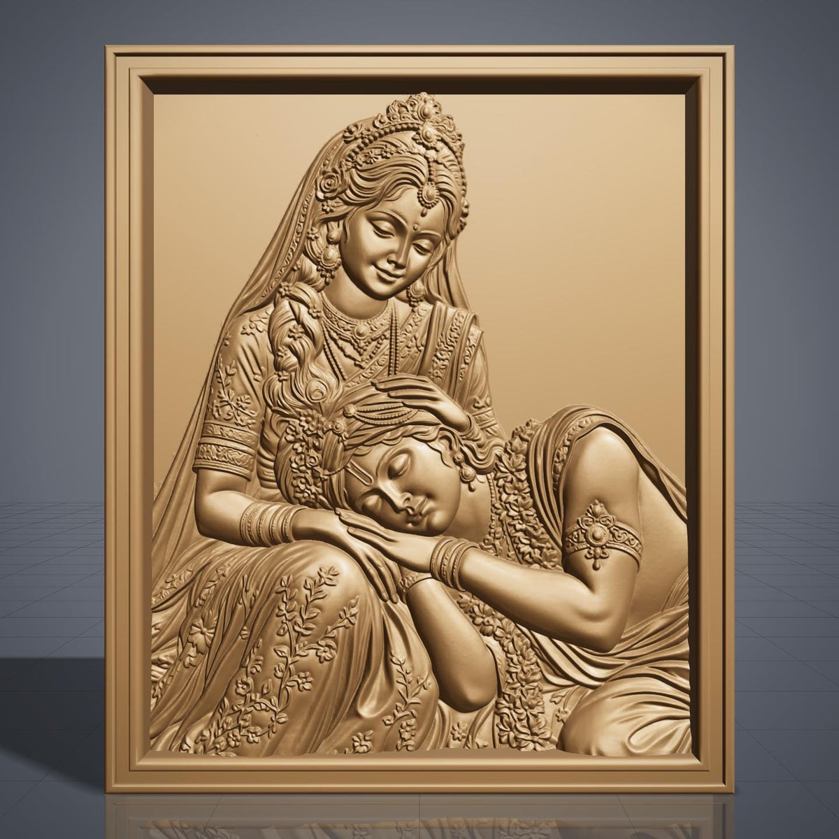 Radha Krishna bas-relief sculpture showing Radha seated, gently cradling Krishna's sleeping head in her hands. Both figures wear ornate carved jewelry, tiaras, bangles, and floral garlands, with a peacock feather motif in Krishna's headdress. Rich wood grain texture and fine raised detail fill the piece, framed by a rectangular carved border. Designed for CNC relief carving, wood routing, resin casting, and 3D printing as devotional wall decor.