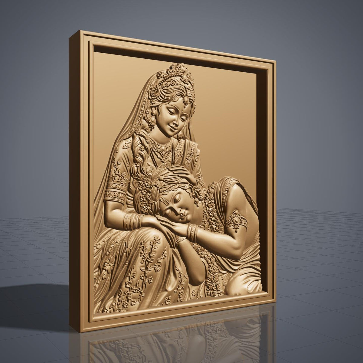 Radha Krishna bas-relief sculpture showing Radha seated, gently cradling Krishna's sleeping head in her hands. Both figures wear ornate carved jewelry, tiaras, bangles, and floral garlands, with a peacock feather motif in Krishna's headdress. Rich wood grain texture and fine raised detail fill the piece, framed by a rectangular carved border. Designed for CNC relief carving, wood routing, resin casting, and 3D printing as devotional wall decor.