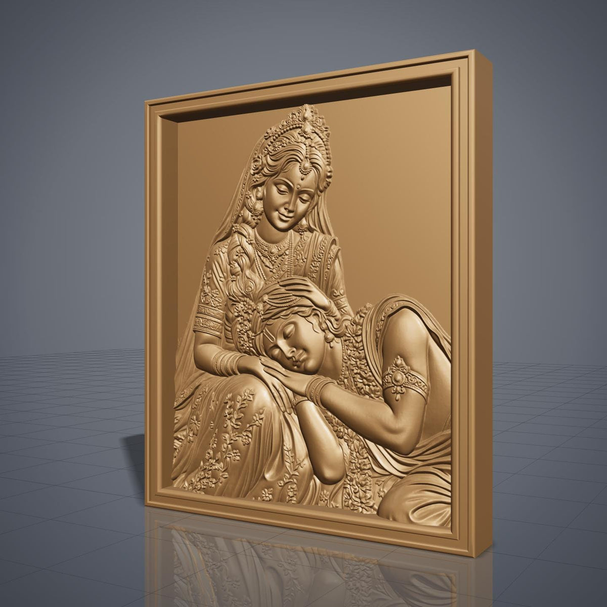 Radha Krishna bas-relief sculpture showing Radha seated, gently cradling Krishna's sleeping head in her hands. Both figures wear ornate carved jewelry, tiaras, bangles, and floral garlands, with a peacock feather motif in Krishna's headdress. Rich wood grain texture and fine raised detail fill the piece, framed by a rectangular carved border. Designed for CNC relief carving, wood routing, resin casting, and 3D printing as devotional wall decor.