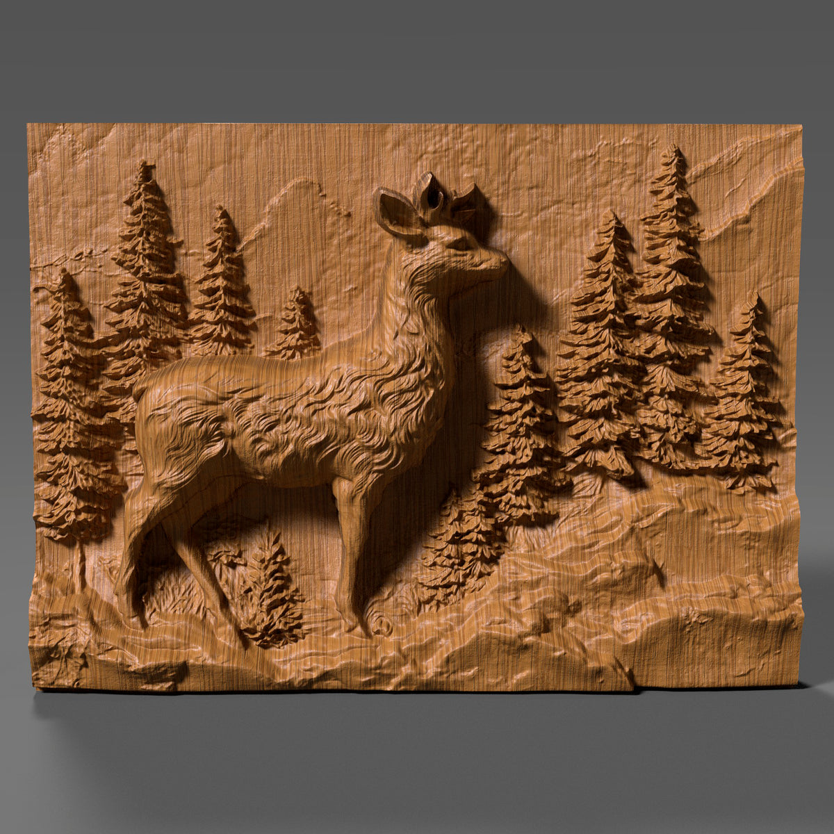 3D wood carving of a majestic deer standing proudly in a dense pine forest, deeply sculpted on a rectangular wooden panel. The design captures fine fur texture on the deer and intricate needle-like foliage on the trees, creating a lifelike wilderness scene. Ideal for rustic wall art, cabin decor, or CNC wood carving enthusiasts seeking nature-inspired wildlife relief artwork.