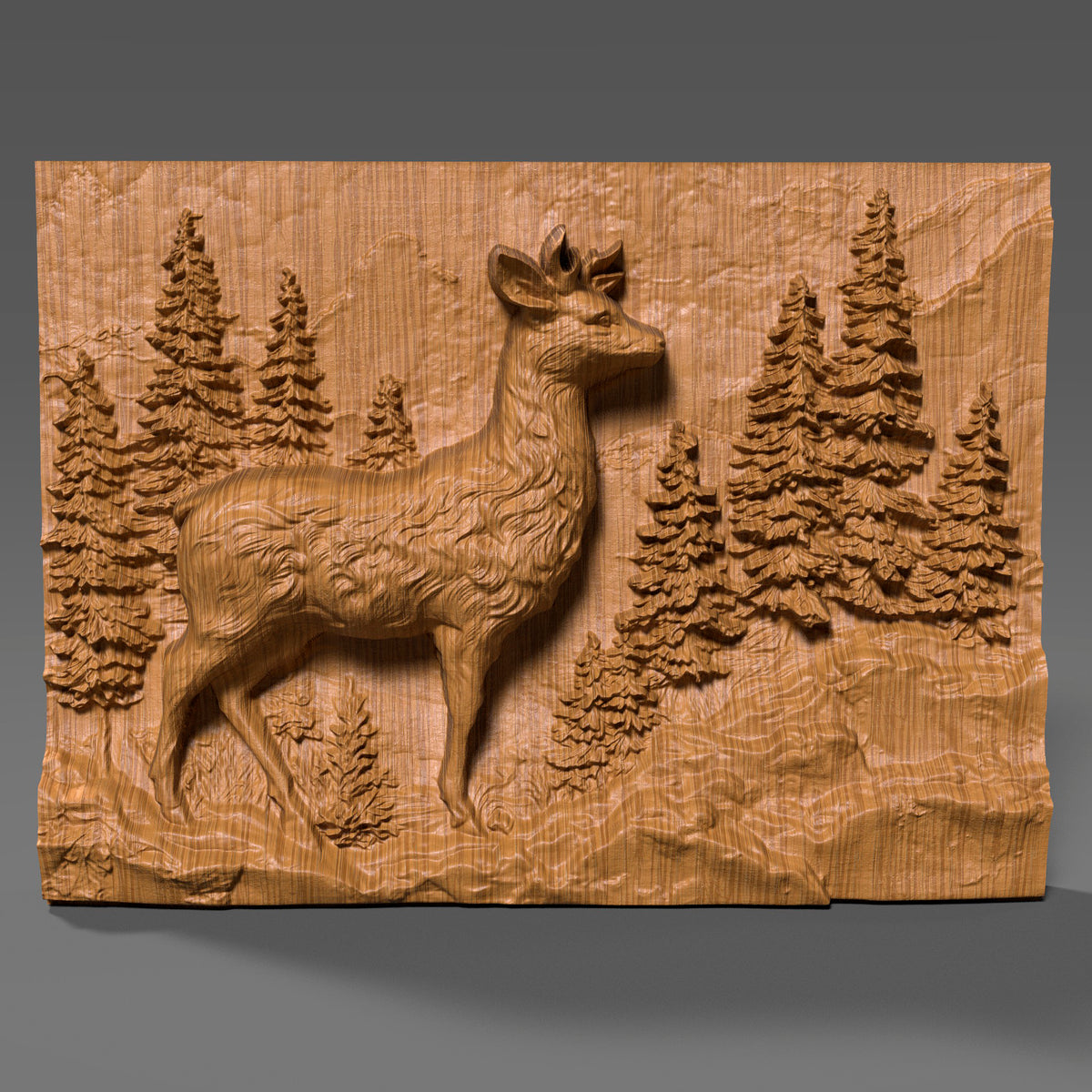 3D wood carving of a majestic deer standing proudly in a dense pine forest, deeply sculpted on a rectangular wooden panel. The design captures fine fur texture on the deer and intricate needle-like foliage on the trees, creating a lifelike wilderness scene. Ideal for rustic wall art, cabin decor, or CNC wood carving enthusiasts seeking nature-inspired wildlife relief artwork.