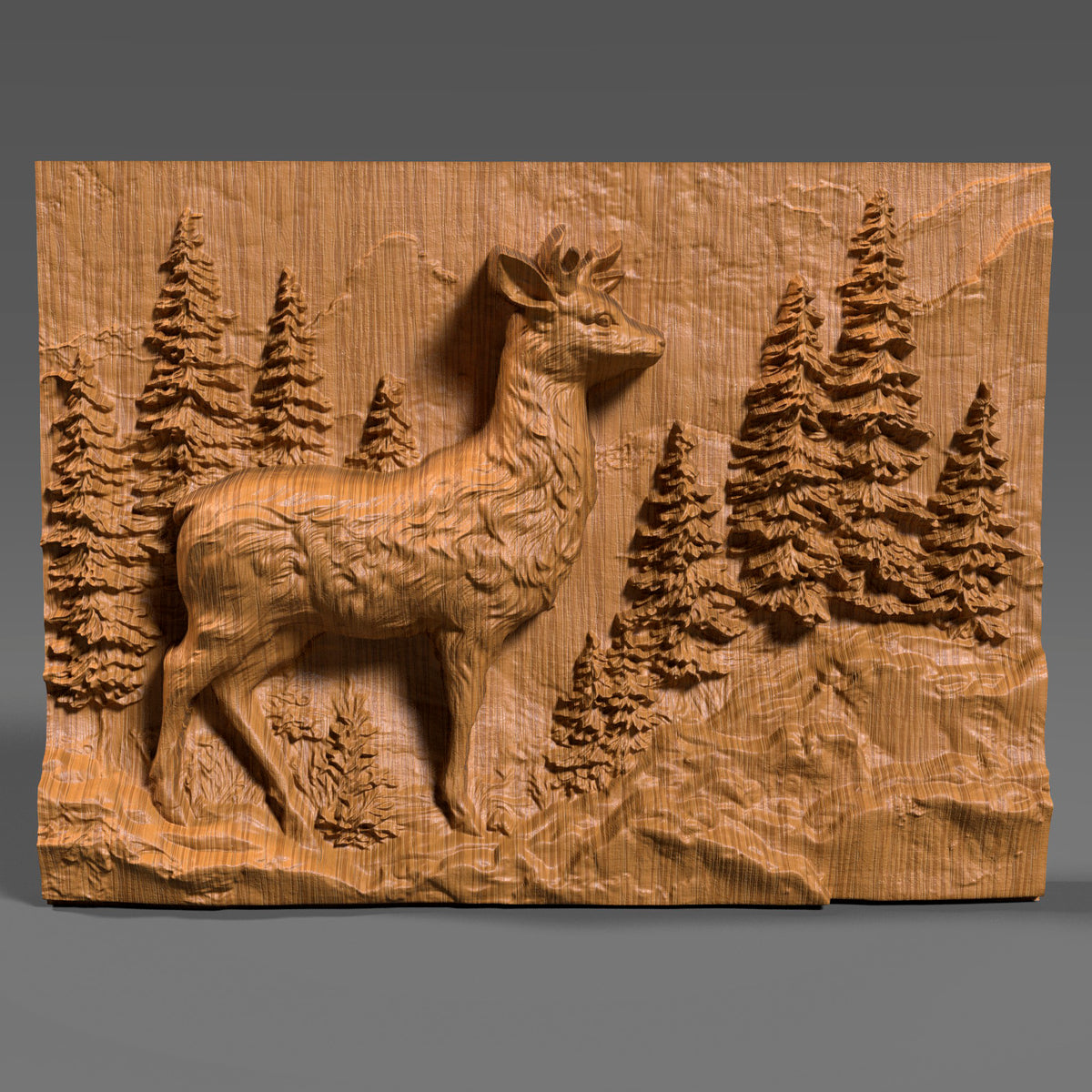 3D wood carving of a majestic deer standing proudly in a dense pine forest, deeply sculpted on a rectangular wooden panel. The design captures fine fur texture on the deer and intricate needle-like foliage on the trees, creating a lifelike wilderness scene. Ideal for rustic wall art, cabin decor, or CNC wood carving enthusiasts seeking nature-inspired wildlife relief artwork.