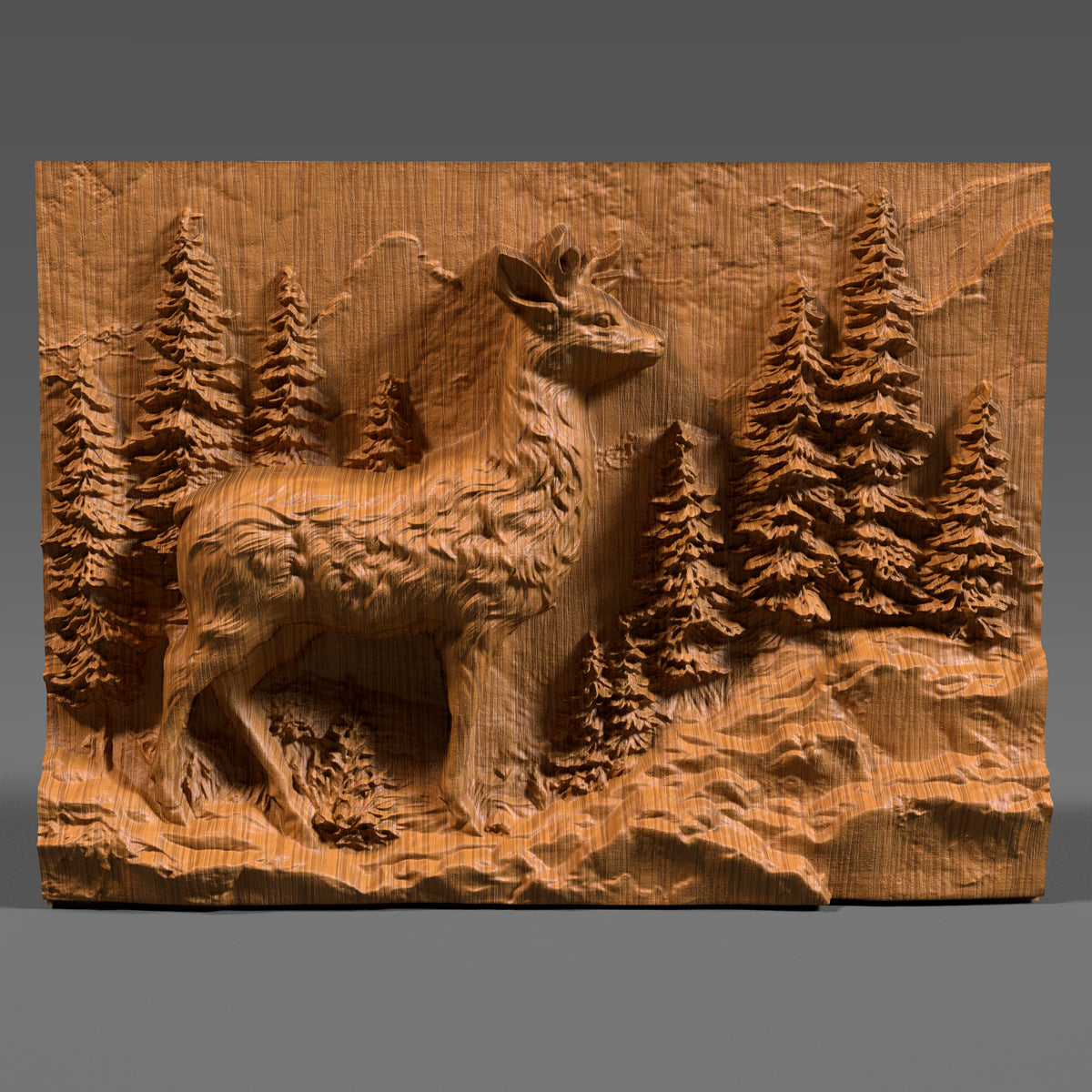 3D wood carving of a majestic deer standing proudly in a dense pine forest, deeply sculpted on a rectangular wooden panel. The design captures fine fur texture on the deer and intricate needle-like foliage on the trees, creating a lifelike wilderness scene. Ideal for rustic wall art, cabin decor, or CNC wood carving enthusiasts seeking nature-inspired wildlife relief artwork.
