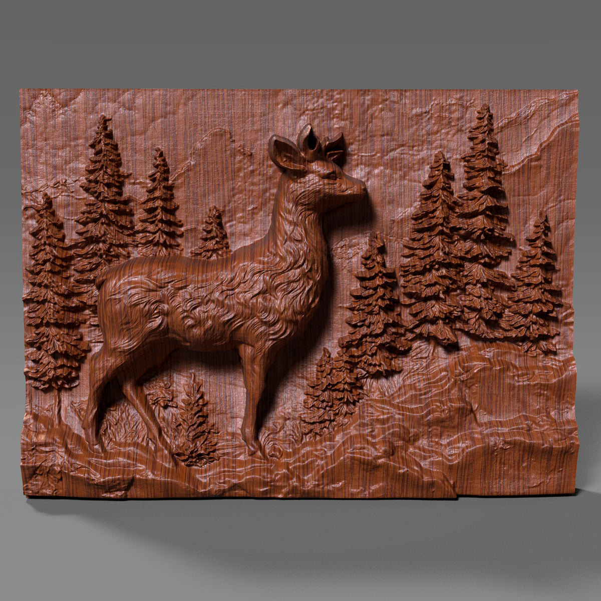 3D wood carving of a majestic deer standing proudly in a dense pine forest, deeply sculpted on a rectangular wooden panel. The design captures fine fur texture on the deer and intricate needle-like foliage on the trees, creating a lifelike wilderness scene. Ideal for rustic wall art, cabin decor, or CNC wood carving enthusiasts seeking nature-inspired wildlife relief artwork.