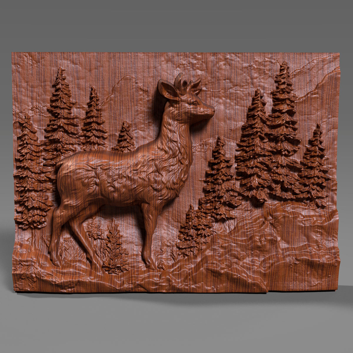 3D wood carving of a majestic deer standing proudly in a dense pine forest, deeply sculpted on a rectangular wooden panel. The design captures fine fur texture on the deer and intricate needle-like foliage on the trees, creating a lifelike wilderness scene. Ideal for rustic wall art, cabin decor, or CNC wood carving enthusiasts seeking nature-inspired wildlife relief artwork.