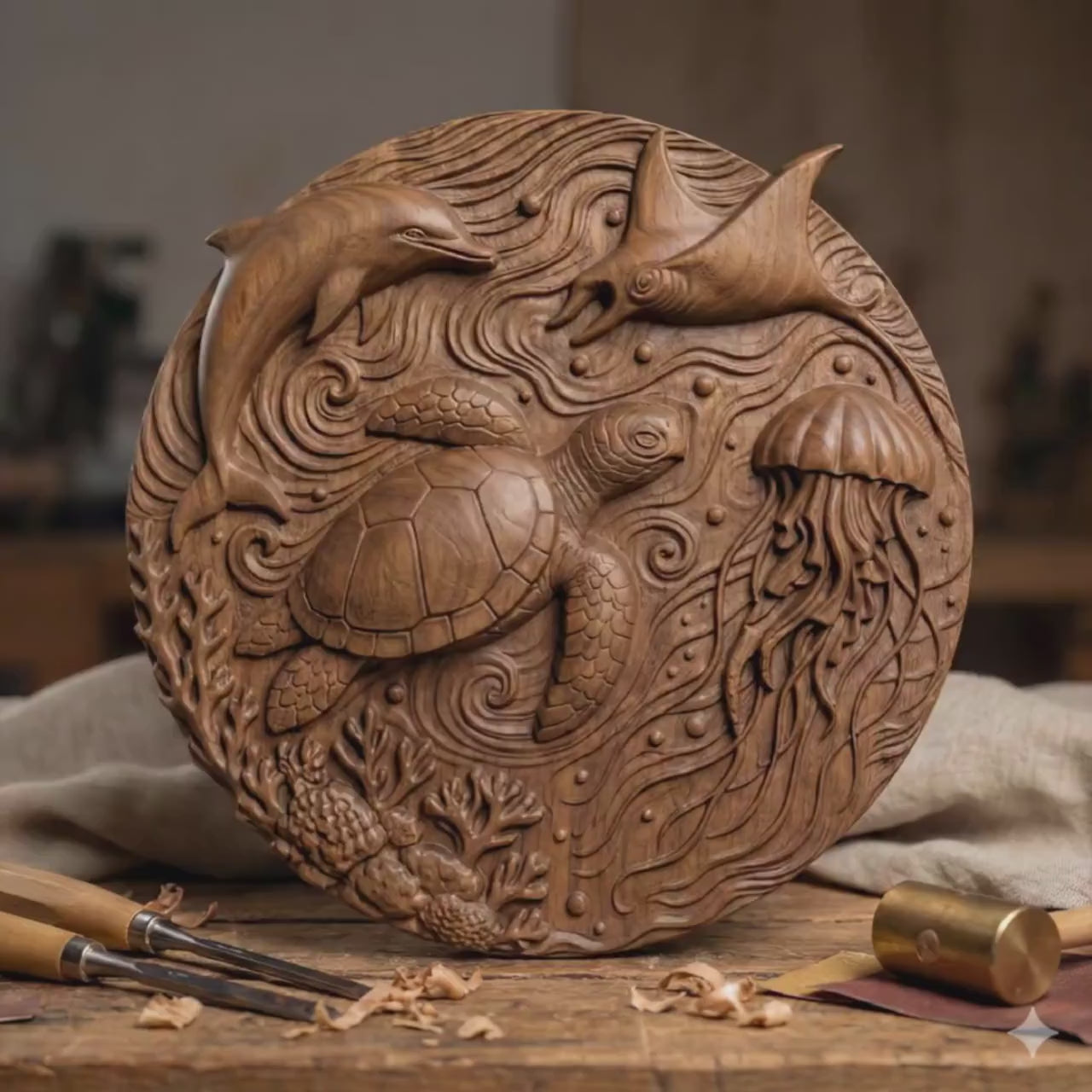 Sea Turtle Dolphin 3D Relief STL: Ocean Life CNC Laser Carving File
