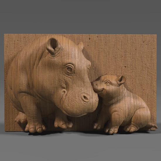 Hippo Mother and Baby 3D Relief STL - CNC Carving, Laser Engraving (Digital Download)