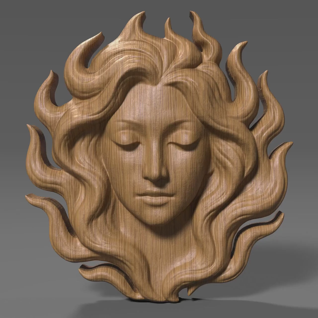 Flame-Haired Woman Relief Carving: Serene Goddess STL (Digital Download)