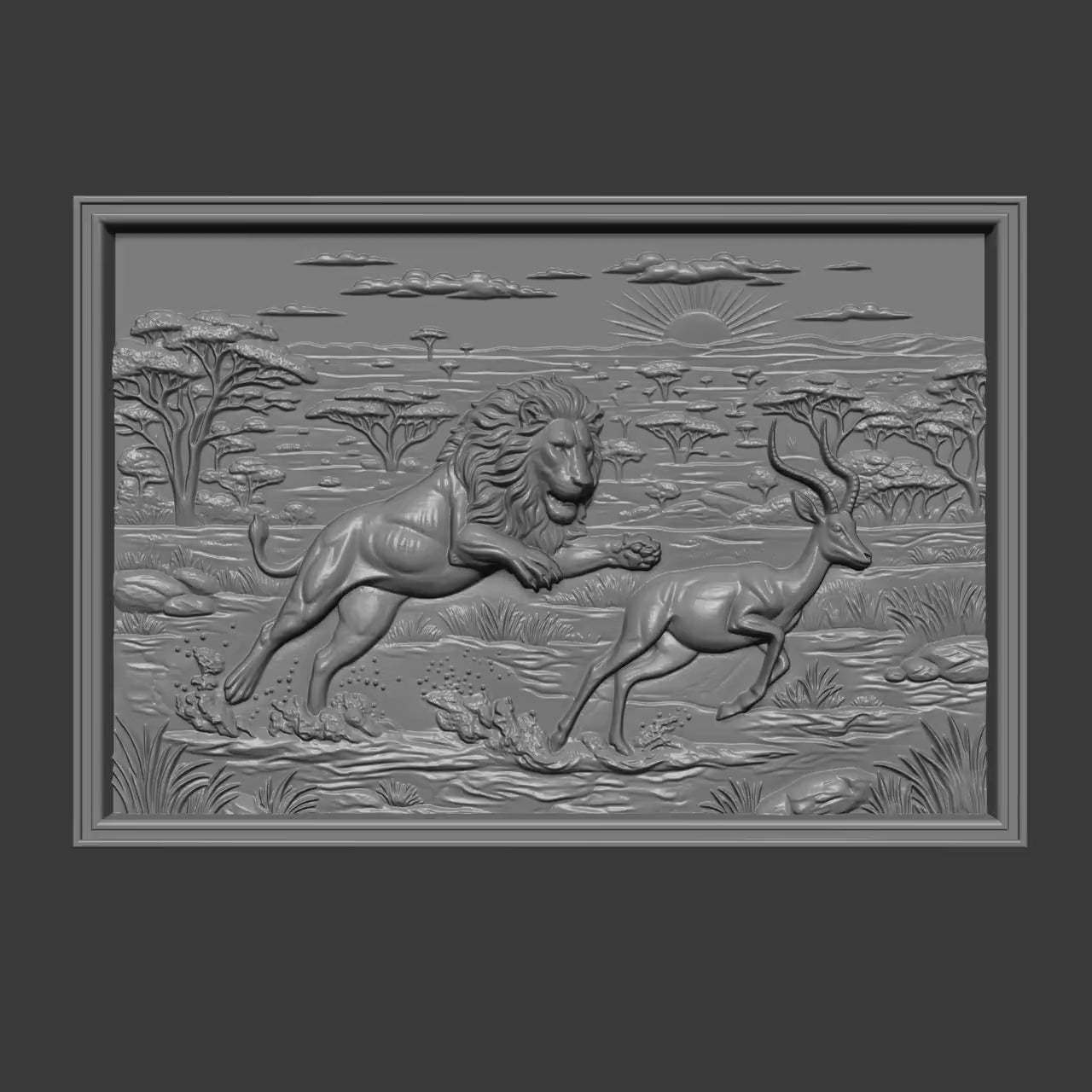 Lion Hunting Gazelle 3D Relief STL Model | African Safari Wall Art (Digital Download)