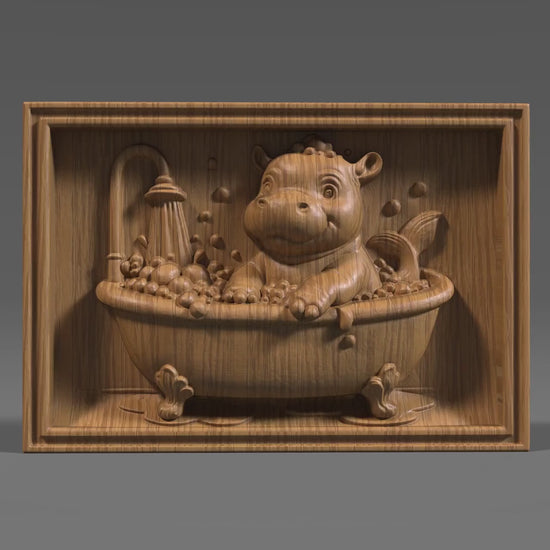 Baby Hippo in Bathtub 3D Relief Model: CNC, Laser, 3D Print (STL File)