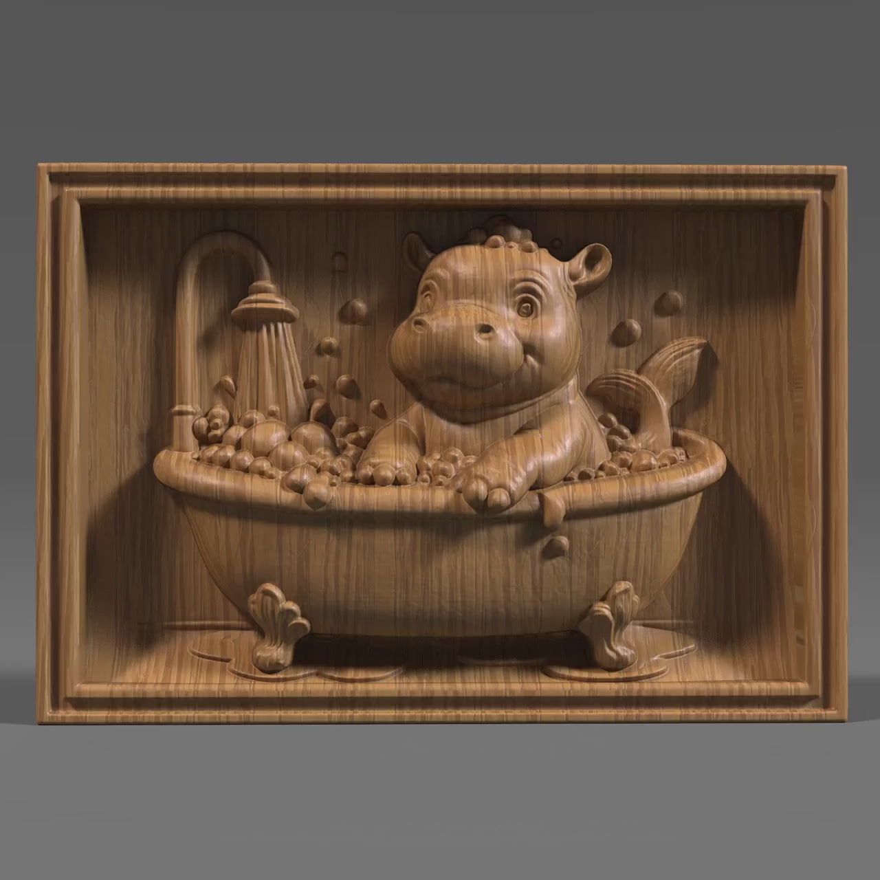 Baby Hippo in Bathtub 3D Relief Model: CNC, Laser, 3D Print (STL File)