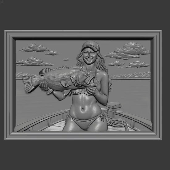 Bass Fishing Girl 3D Relief Model | Lake Wall Art (Digital Download)