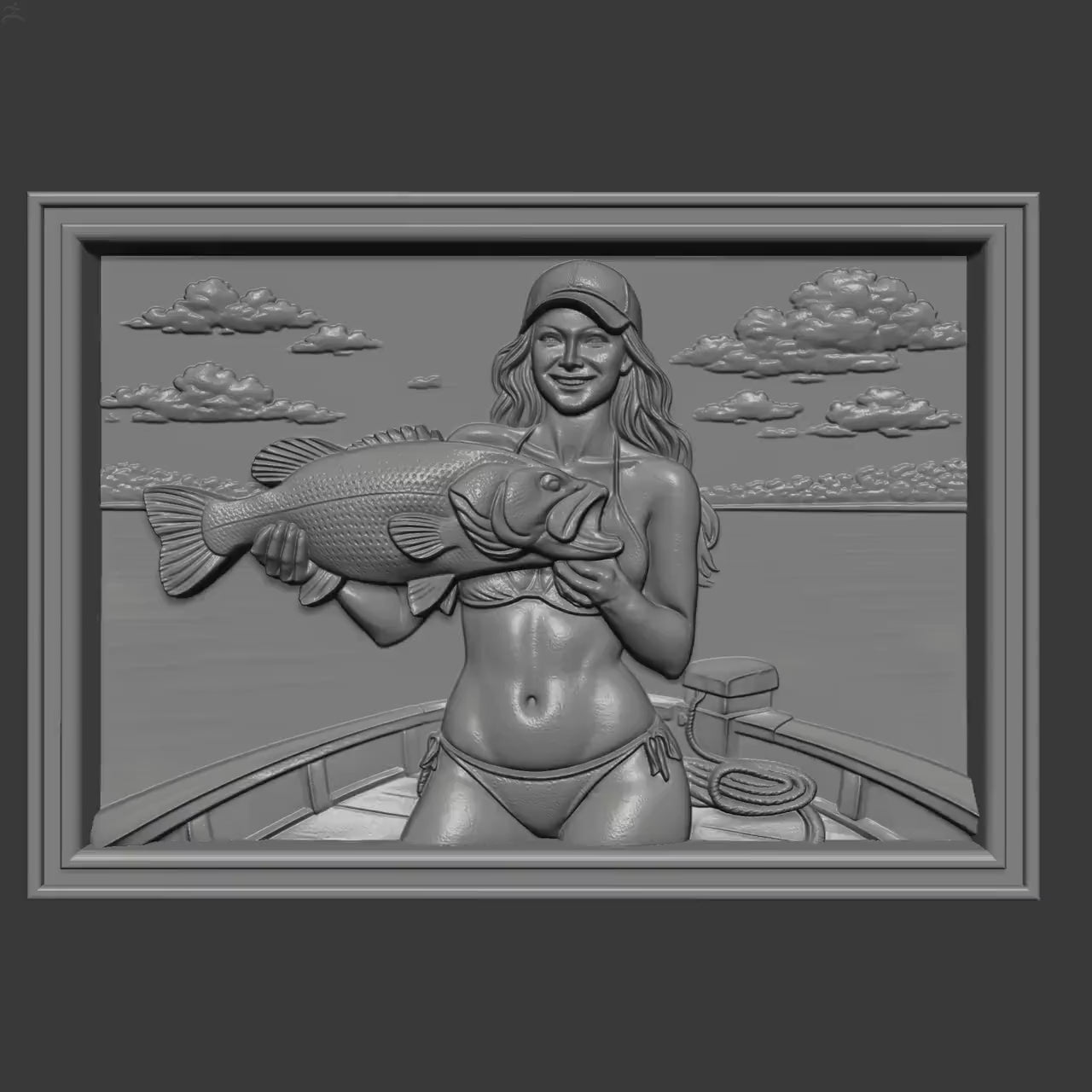 Bass Fishing Girl 3D Relief Model | Lake Wall Art (Digital Download)