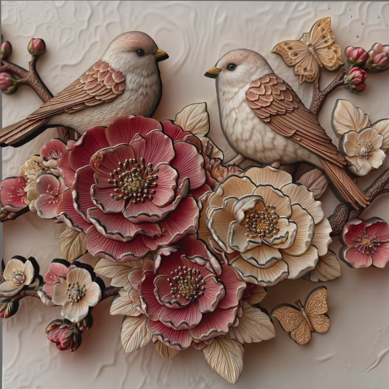 Cherry Blossom Birds 3D Relief STL File: Floral CNC Carving (Digital Download)