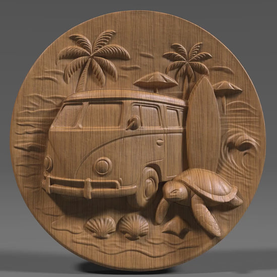 Surf Van & Sea Turtle 3D Relief Model: Coastal Wall Art (STL File)