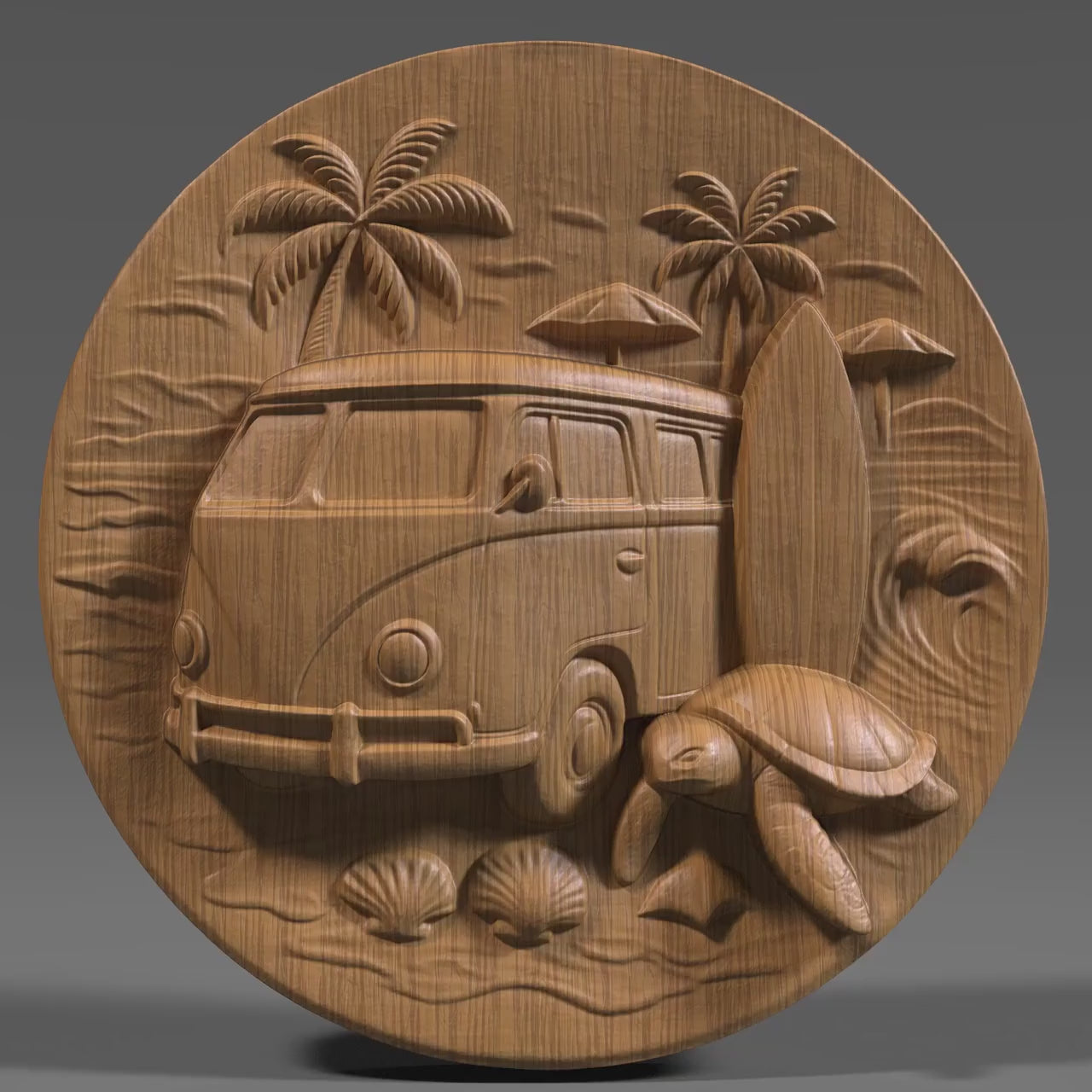 Surf Van & Sea Turtle 3D Relief Model: Coastal Wall Art (STL File)