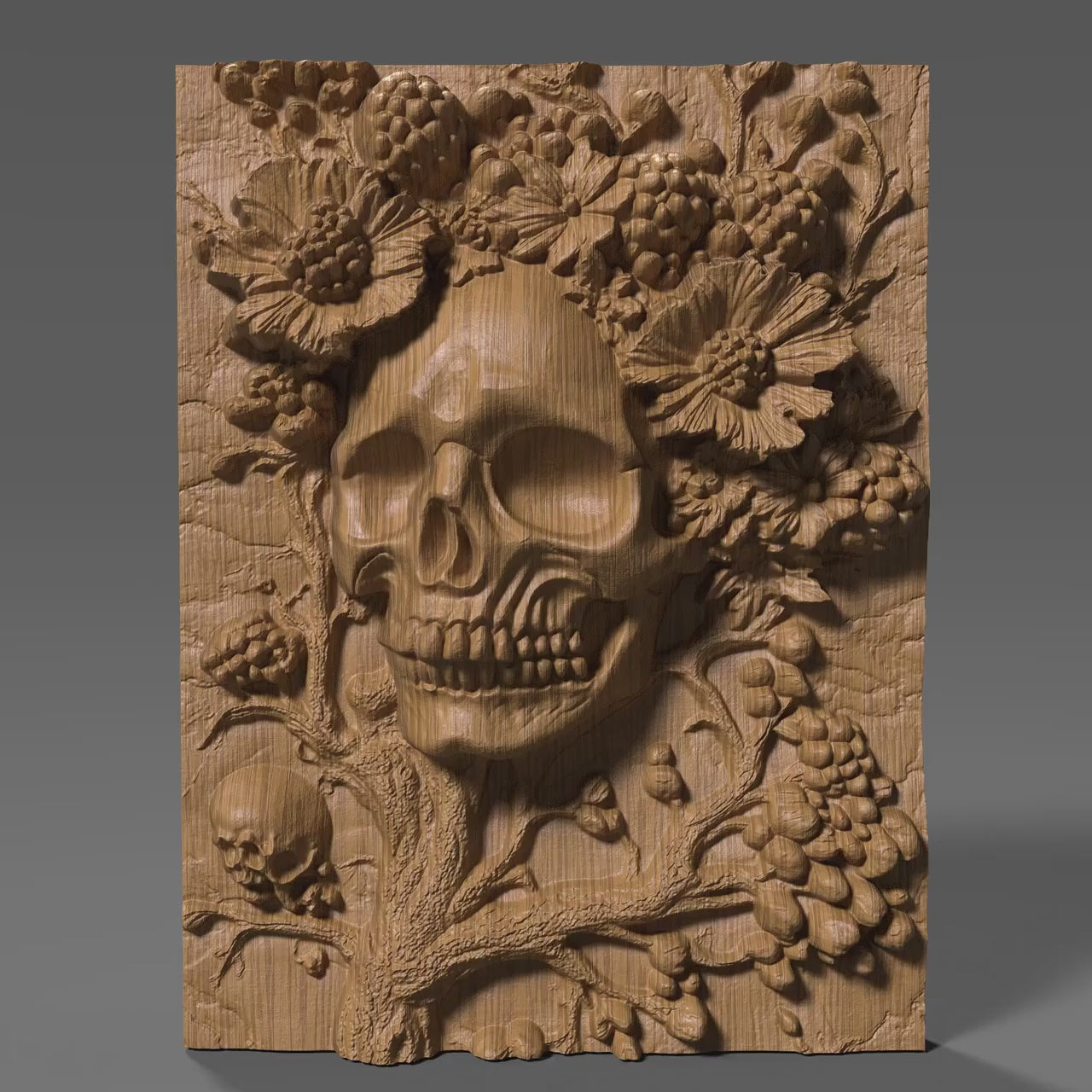 Halloween Skull Floral 3D Relief: Gothic Wood Carving (Digital Download)