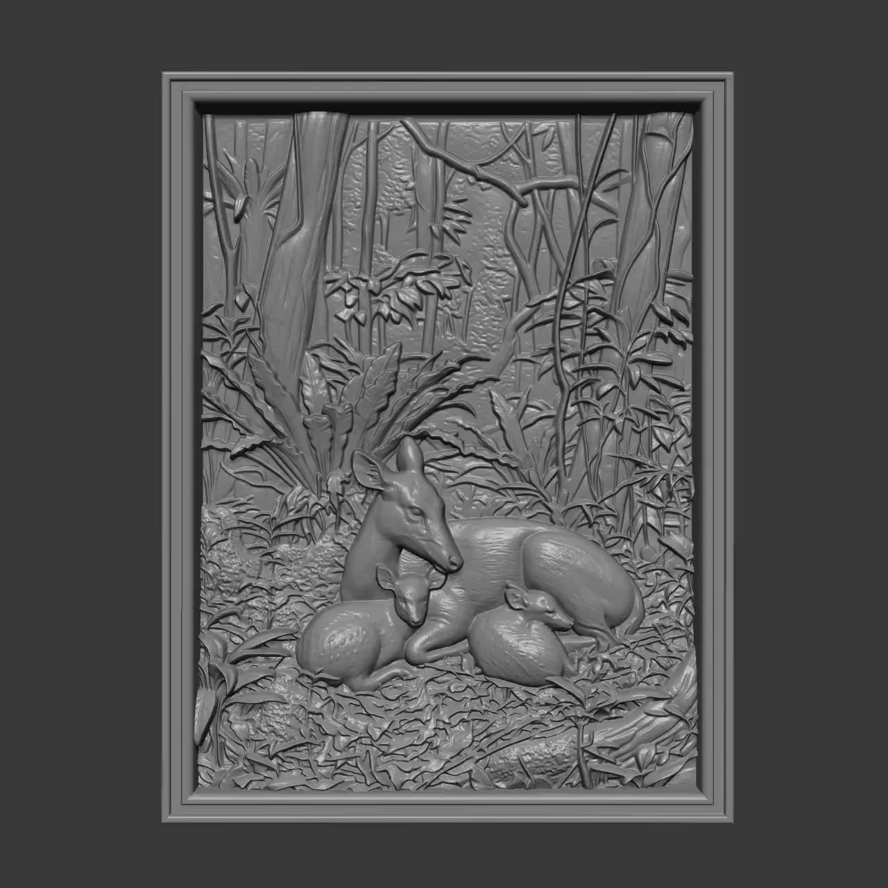 Deer Family Forest 3D Relief STL Model | Woodland Wildlife Wall Art (Digital Download)