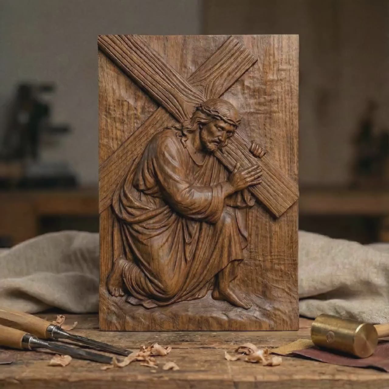 Jesus Carrying Cross 3D Model: Christian CNC Laser Engraving (STL Digital Download)