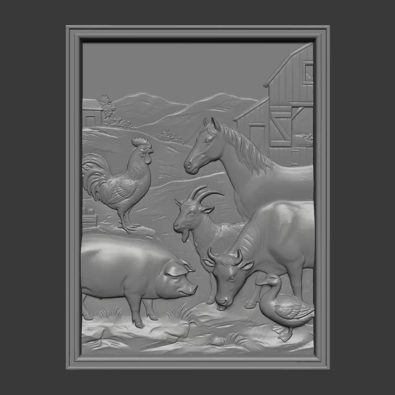 Farm Animals Barn Scene 3D Relief STL Model | Rustic Country Wall Art (Digital Download)