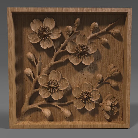 Cherry Blossom 3D STL File: Floral Wood Carving Panel (Digital Download)
