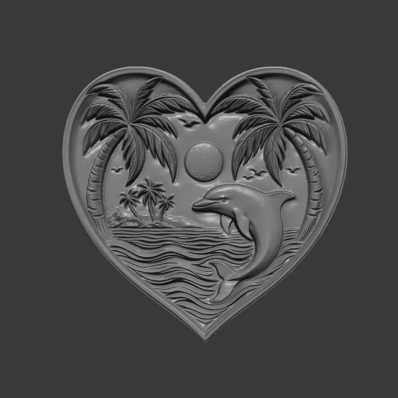 Dolphin Heart Ocean Scene 3D STL Relief Model | Tropical Wall Art (Digital Download)