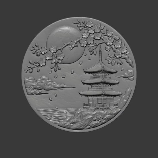 Japanese Pagoda Cherry Blossom Bas Relief STL | Asian Wall Art  | Digital Download
