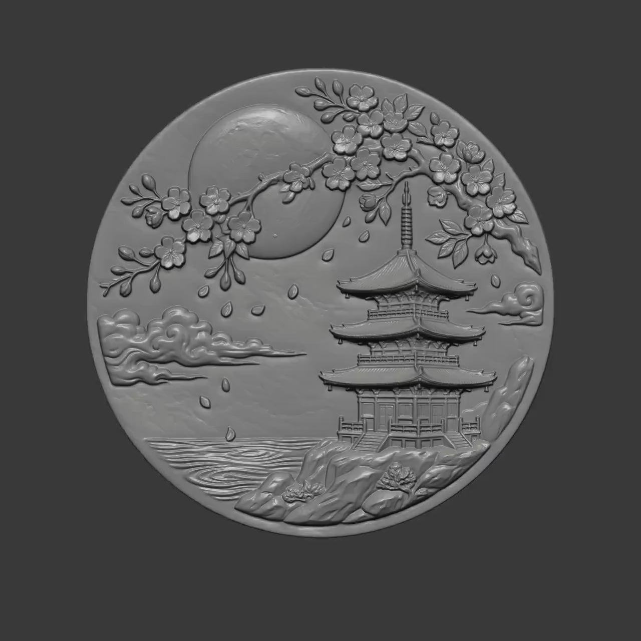 Japanese Pagoda Cherry Blossom Bas Relief STL | Asian Wall Art  | Digital Download