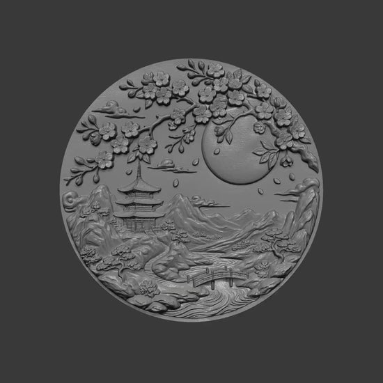 Japanese Pagoda Cherry Blossom Bas Relief STL | Asian Wall Art  | Digital Download