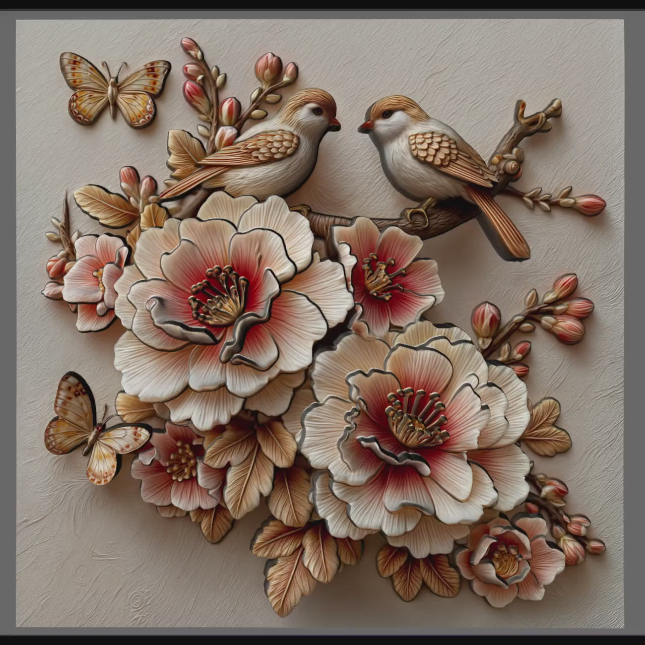 Cherry Blossom Birds 3D Relief Model: Floral Wall Art (STL File)