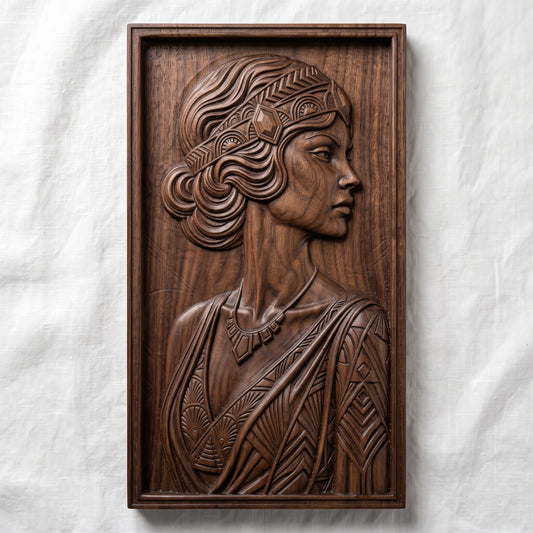 Highly detailed 3D bas-relief of an Art Deco woman in profile, wearing a geometric jeweled headband over finger-waved hair styled into a low bun, an angular necklace, and a dress with chevron and diamond geometric patterns, carved in rich walnut wood. The portrait is set within a raised, molded picture-frame border on a vertical rectangular panel. Fine relief carving captures crisp geometric detail and natural wood grain throughout. Designed for CNC relief carving, wood routing, and 3D printing 