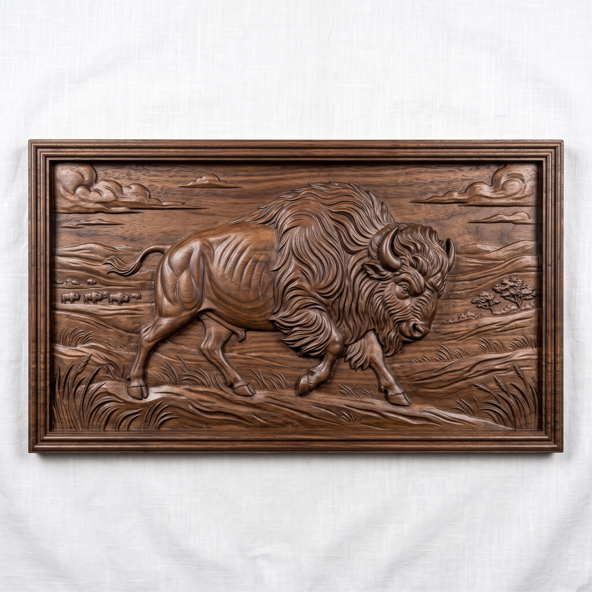 Bison walking across an open prairie with rolling hills, grass, a distant herd, trees and sculpted clouds, carved in high relief inside a wide landscape rectangle frame, digital STL model for CNC router carving and 3D printing.