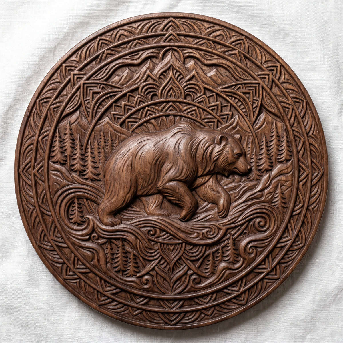 Detailed 3D bas-relief of a walking bear in a pine forest with mountains, set inside an ornate circular mandala frame of concentric rings, scrollwork and geometric patterns. Carved wood texture with raised detail and deep shadows. Designed for CNC carving, wood routing, 3D printing and rustic wall decor.