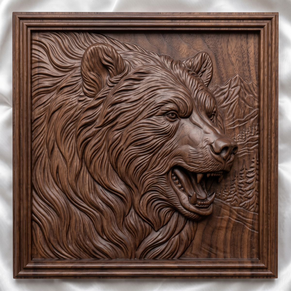 Detailed 3D bas-relief of a snarling grizzly bear head in profile with flowing fur, open jaws and fangs, set against a mountain and pine forest scene inside a stepped square molded frame. Shown in carved walnut wood and grey resin. Designed for CNC relief carving, woodworking and 3D printing as rustic cabin wildlife wall decor.
