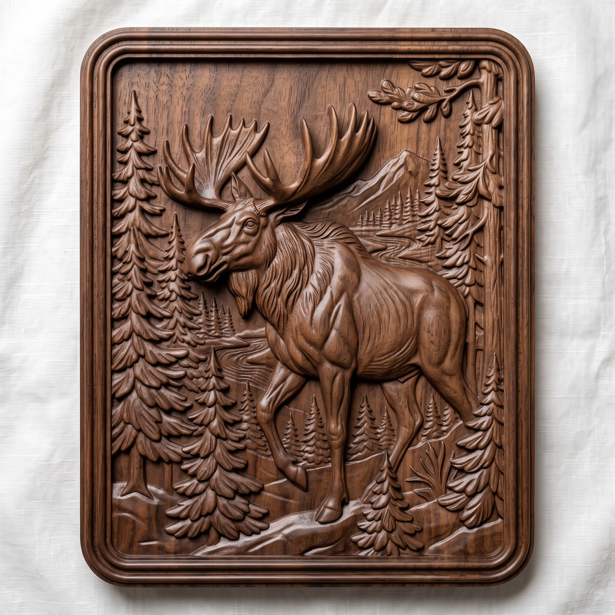 High-relief 3D bas-relief of a walking moose with large antlers in a pine forest with mountains and a winding river, framed in a portrait rectangular plaque with rounded corners. Fine antler, fur and pine needle detail with layered relief. Designed for CNC relief carving, wood routing and 3D printing as rustic wildlife wall decor for a cabin, lodge or hunting den.