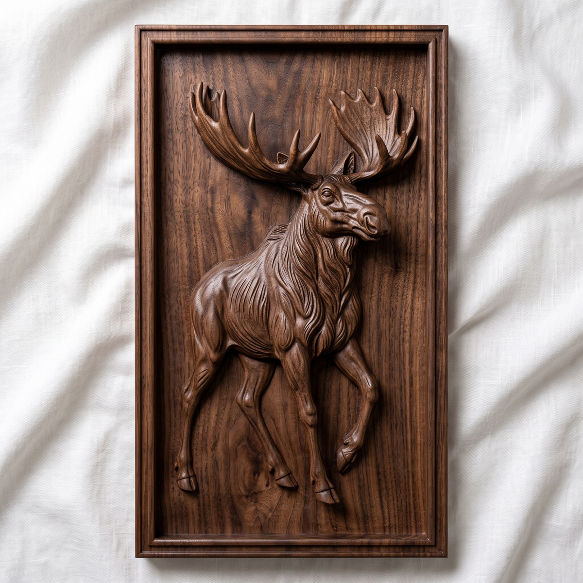 High-relief 3D bas-relief of a full-body walking bull moose with large palmate antlers, set in a tall stepped rectangular frame. Fine fur, muscle, leg and antler detail rising from a smooth background. Designed for CNC relief carving, wood routing and 3D printing as rustic wildlife wall decor for a cabin, lodge or hunting den.