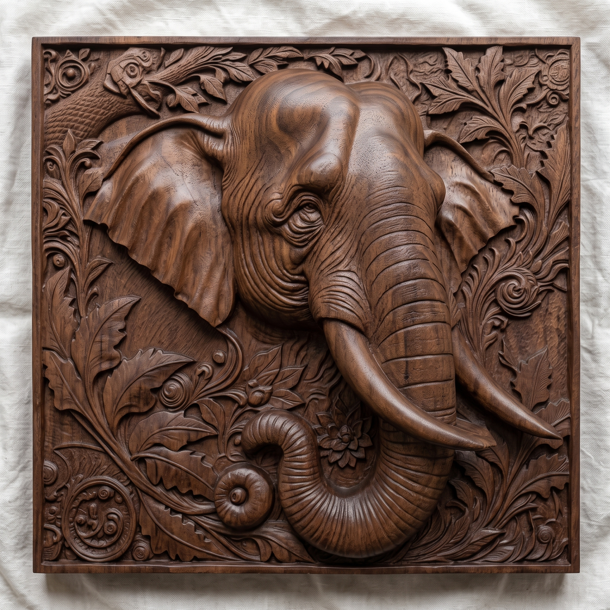 Elephant head carved in dark walnut wood inside a square frame with scrolling leaves, flowers and a curled trunk, shown as a workshop mockup and a grey resin render. Digital STL relief file for CNC routers and 3D printers, ideal for wildlife wall art, panels and woodworking projects.