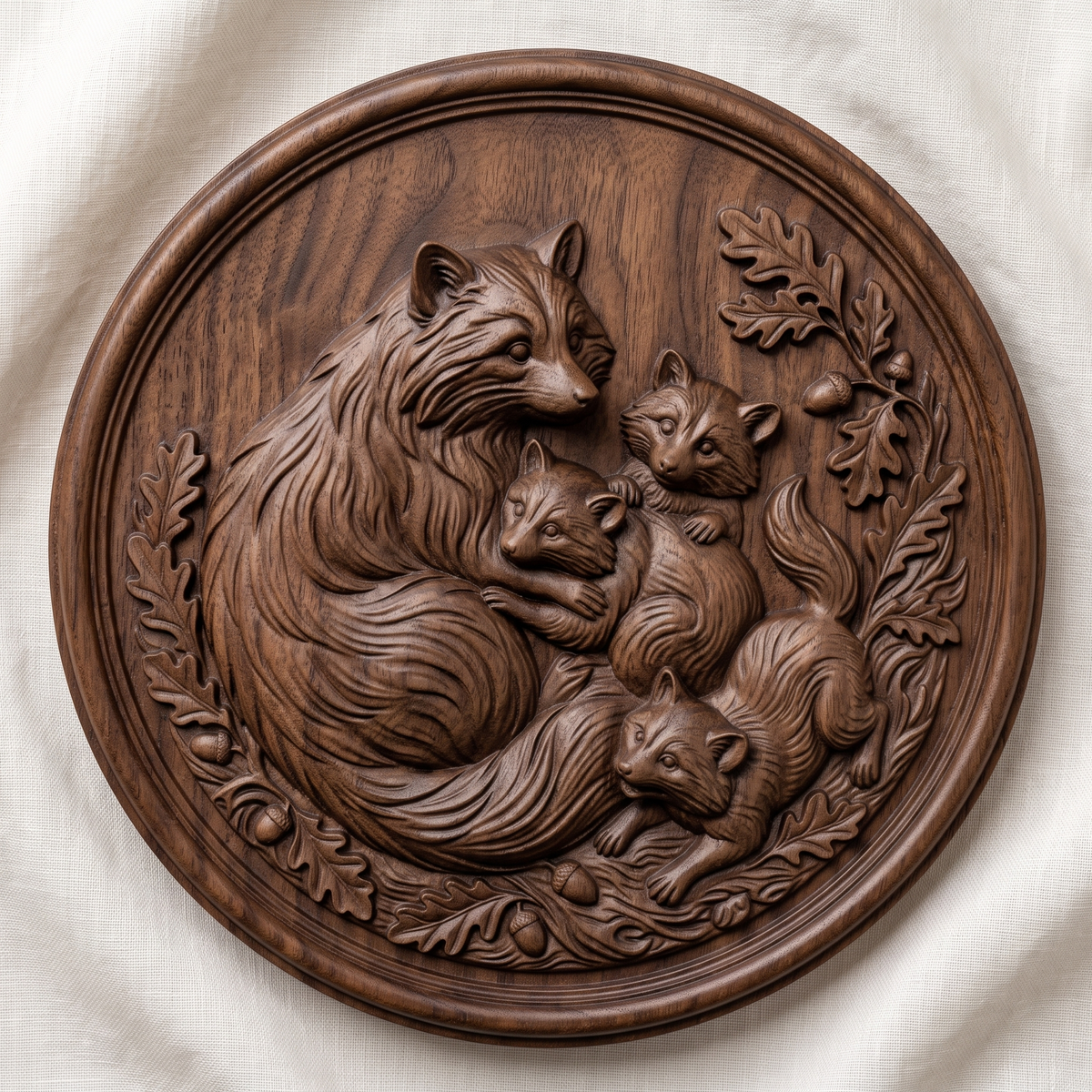A mama raccoon cradles two kits while a third kit rests nearby, carved in deep 3D bas-relief with fine fur texture and expressive eyes. An oak leaf and acorn wreath wraps the scene, framed within a raised double-ring circular border. Designed for CNC relief carving, wood routing, and 3D printing as rustic wall decor.