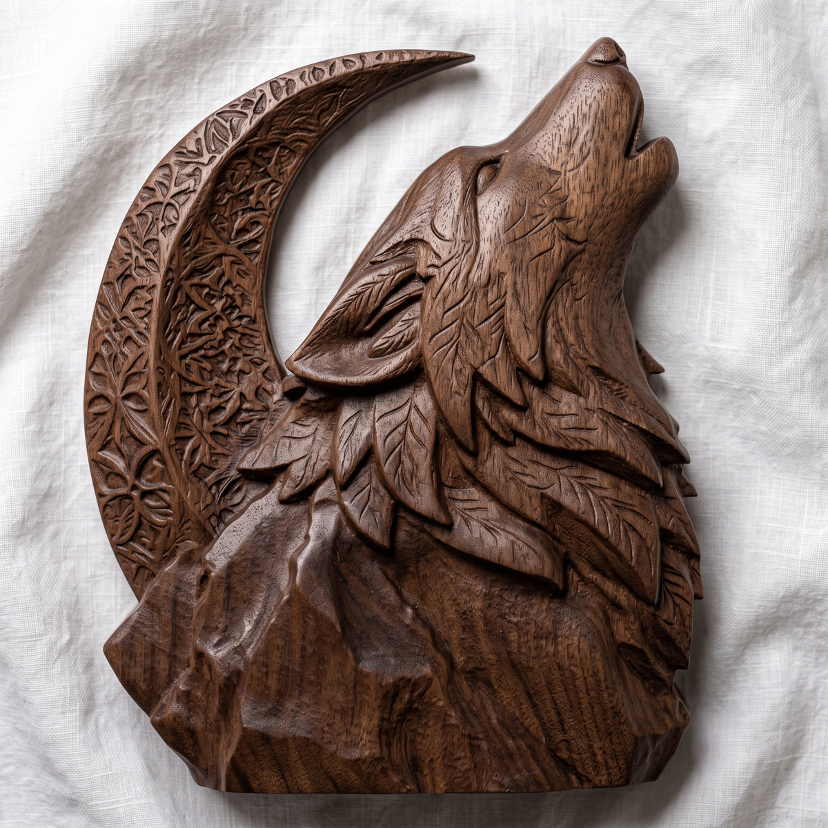 Detailed 3D bas-relief cutout of a wolf howling at a large crescent moon, perched on a rugged mountain rock. Layered fur tufts, leaf-like mane carving and intricate floral texture on the moon. Carved wood texture with raised detail and deep shadows. Designed for CNC carving, wood routing, 3D printing and rustic wall decor.