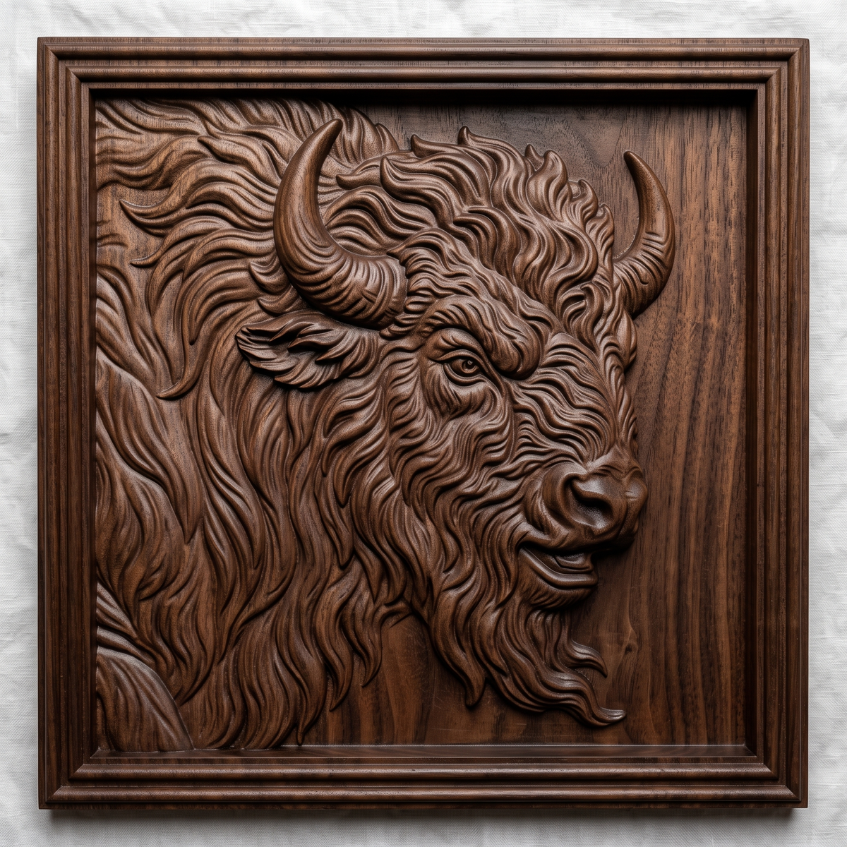Bison head in side profile facing right with two curved horns, shaggy mane and beard, carved in high relief inside a square stepped molded frame, digital STL model for CNC router carving and 3D printing.