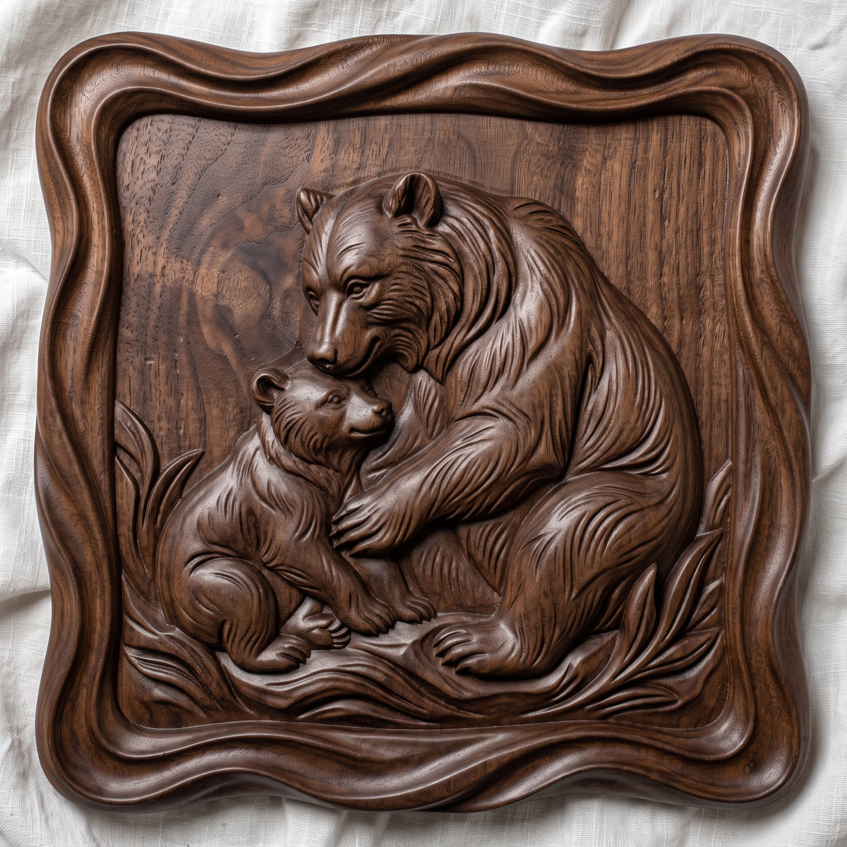 Detailed 3D bas-relief of a mama bear hugging and nuzzling her cub on grassy ground, with fine fur texture and wild grass blades. Framed by a thick raised wavy cloud-shaped border around a recessed square panel. Shown in carved walnut wood and grey resin. Designed for CNC relief carving, woodworking and 3D printing as nursery, cabin and wildlife wall decor.