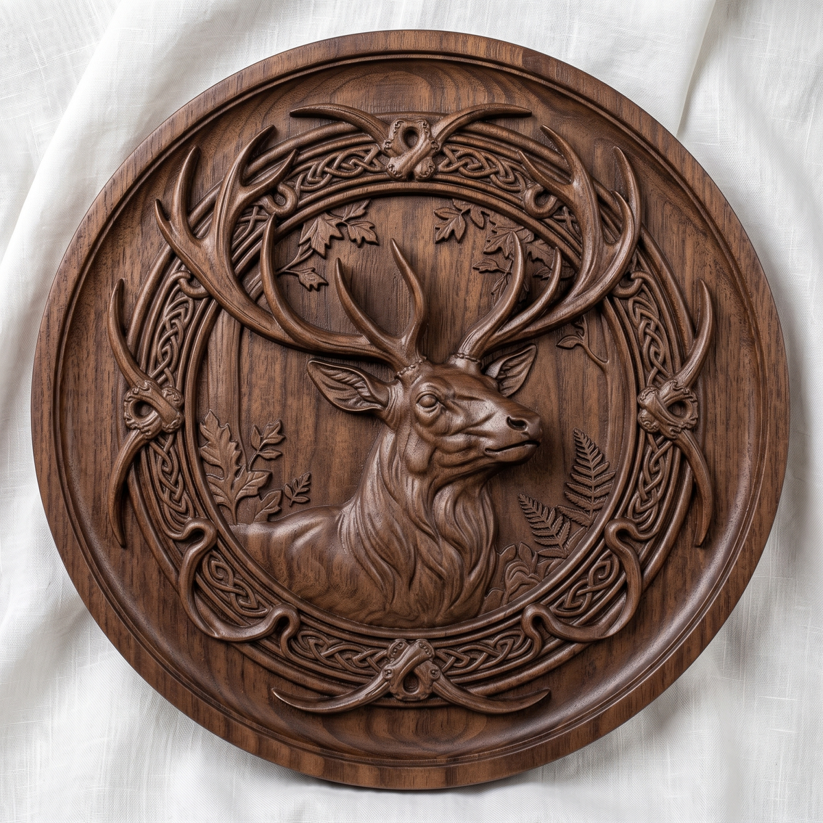 High-relief 3D bas-relief of a deer head with large antlers inside a circular Celtic knotwork frame with leaves and ferns, made as a solid round plaque with a full flat background. Fine antler, fur and knot detail with layered relief. Designed for CNC relief carving, wood routing and 3D printing as Celtic wildlife wall decor for a cabin, lodge or den.